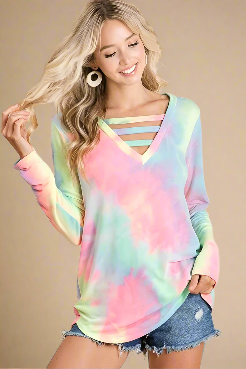 BiBi - Rainbow Tie - Dye V - Neck Long Sleeve Top