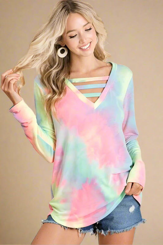 BiBi - Rainbow Tie - Dye V - Neck Long Sleeve Top
