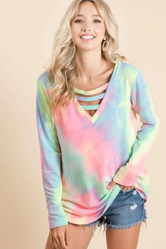 BiBi - Rainbow Tie - Dye V - Neck Long Sleeve Top