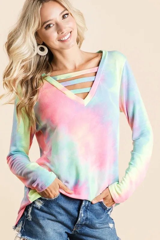 BiBi - Rainbow Tie - Dye V - Neck Long Sleeve Top