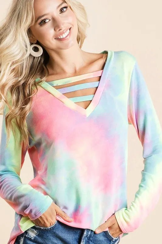 BiBi - Rainbow Tie - Dye V - Neck Long Sleeve Top