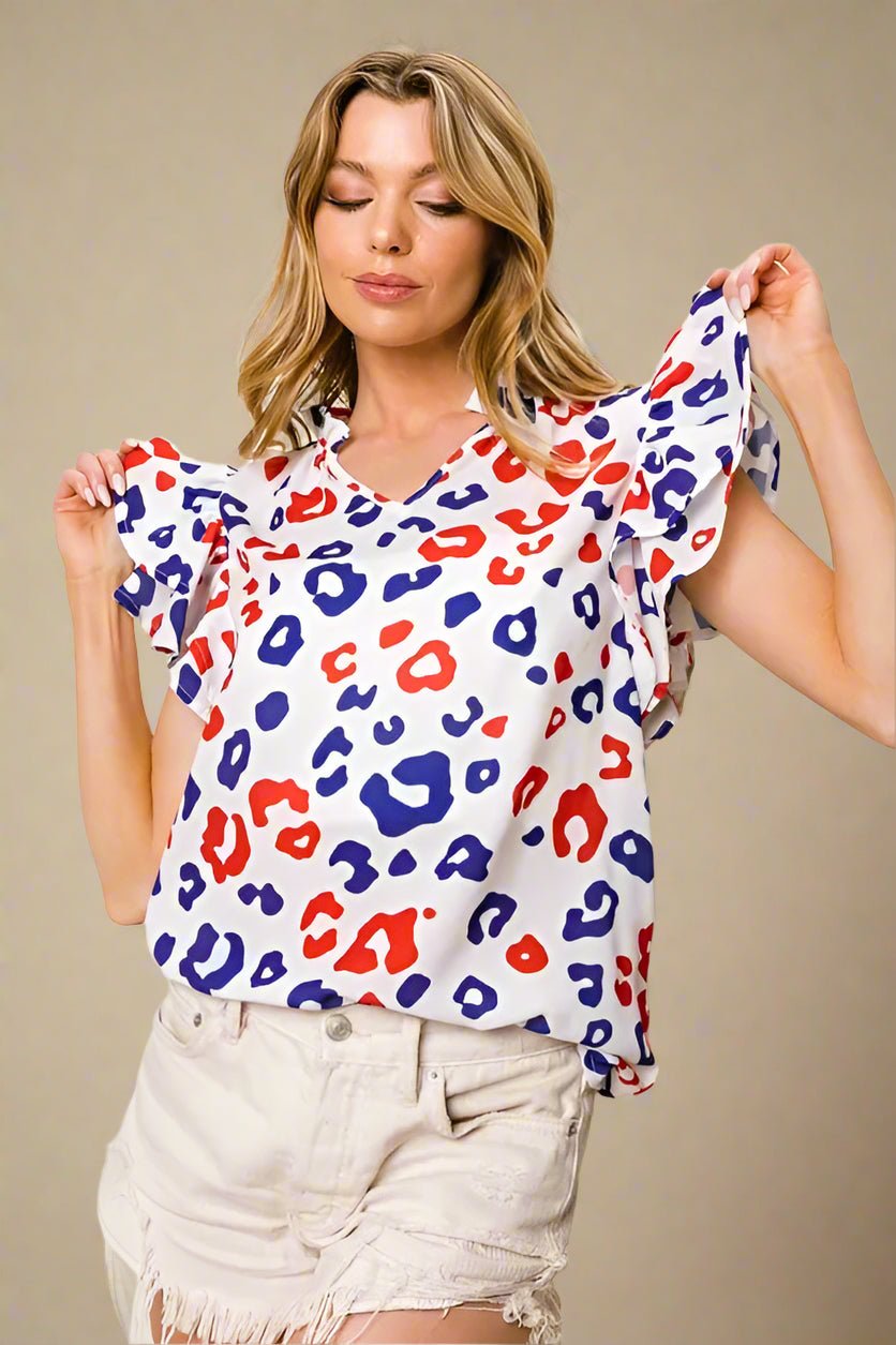 BiBi - Red & Blue Leopard Ruffle Sleeve Blouse