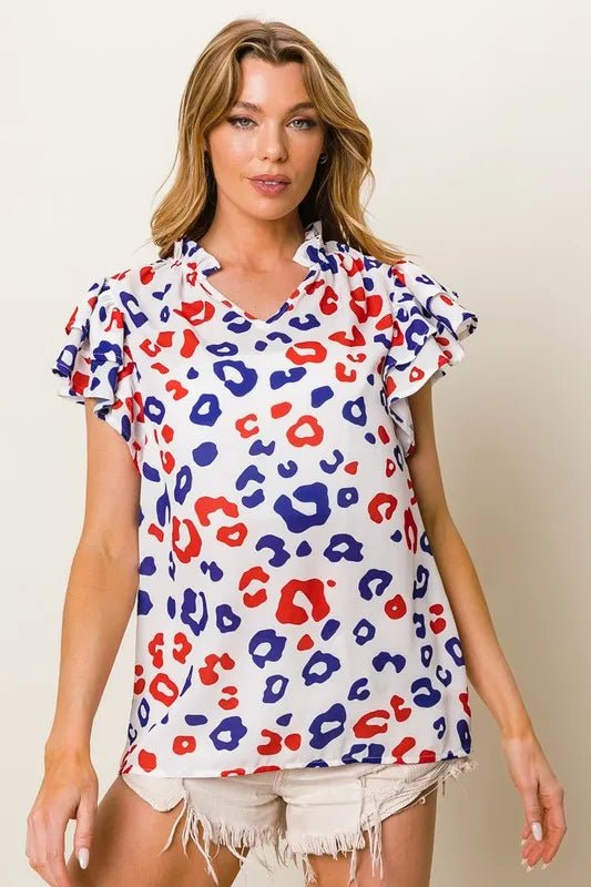BiBi - Red & Blue Leopard Ruffle Sleeve Blouse