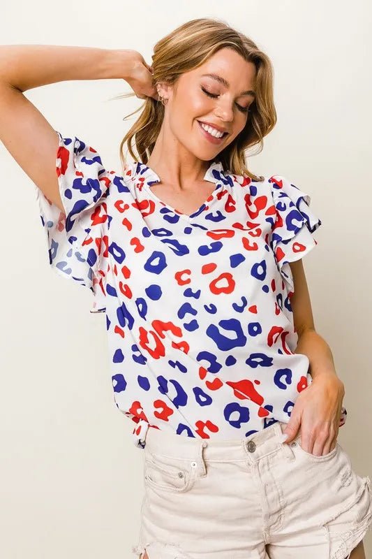 BiBi - Red & Blue Leopard Ruffle Sleeve Blouse