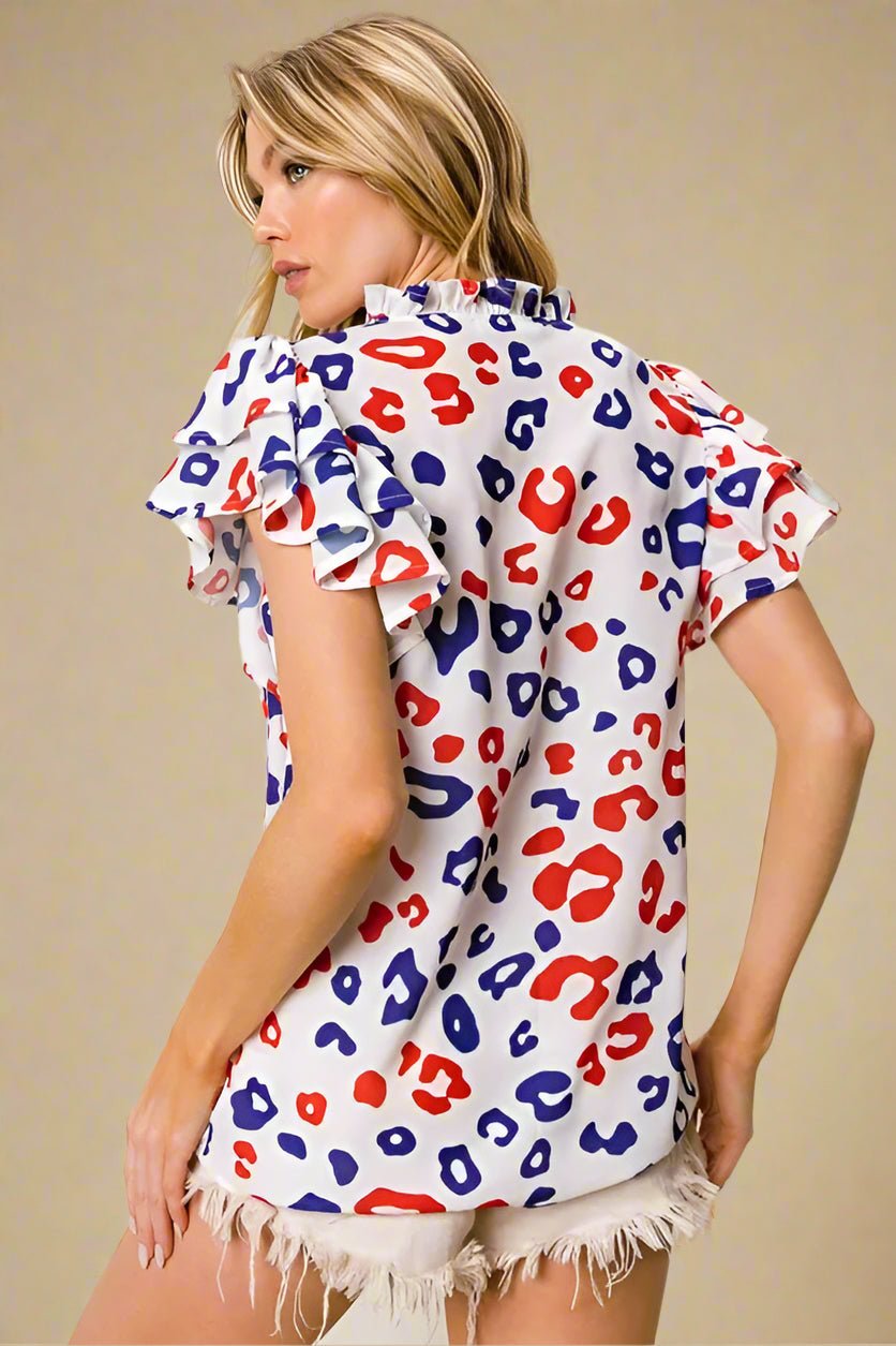 BiBi - Red & Blue Leopard Ruffle Sleeve Blouse