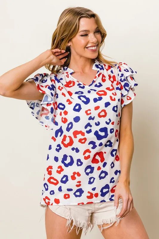 BiBi - Red & Blue Leopard Ruffle Sleeve Blouse