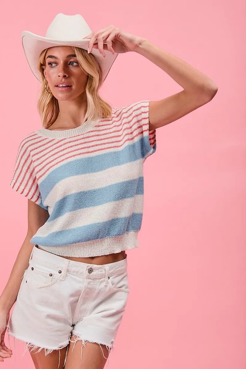BiBi - Red & Blue Striped Knit Cap Sleeve Top