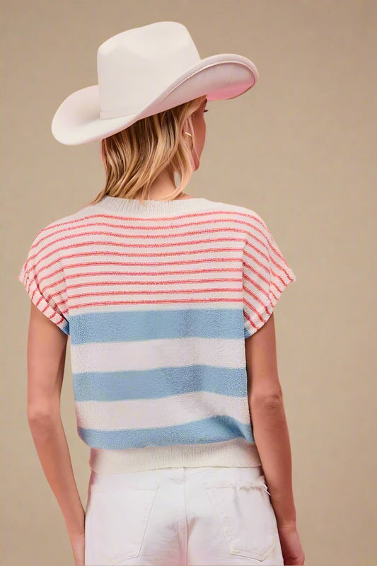 BiBi - Red & Blue Striped Knit Cap Sleeve Top