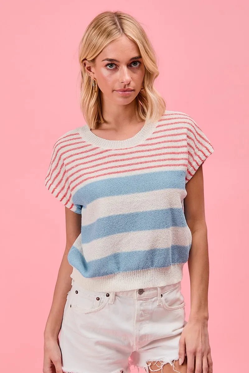 BiBi - Red & Blue Striped Knit Cap Sleeve Top