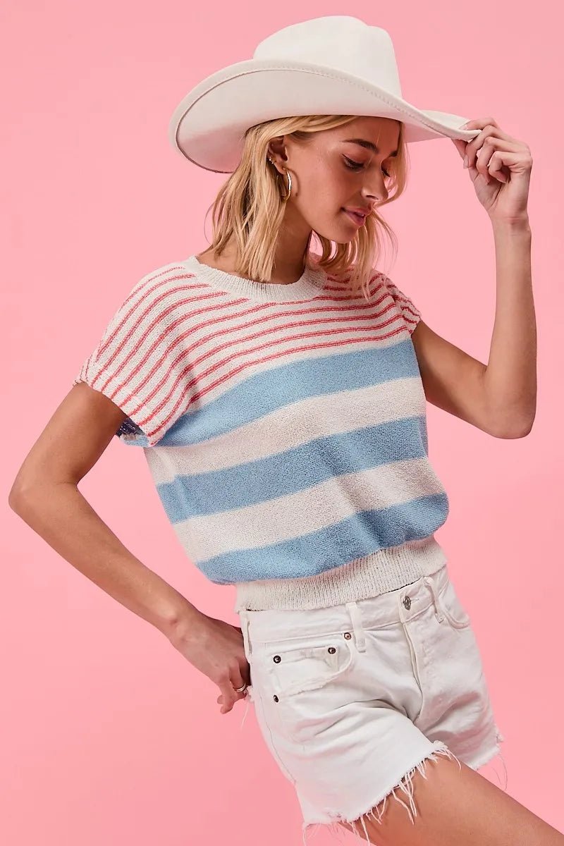 BiBi - Red & Blue Striped Knit Cap Sleeve Top