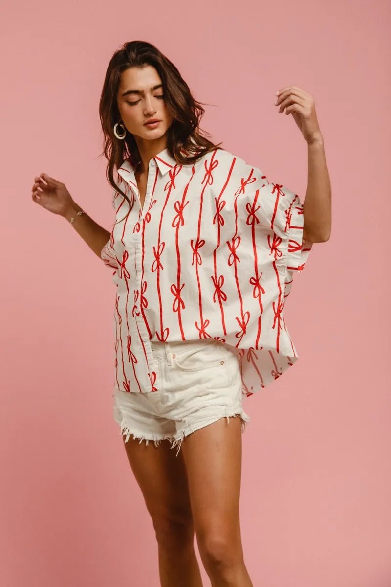 BiBi - Red Bow Print Button - Up Shirt – White & Red