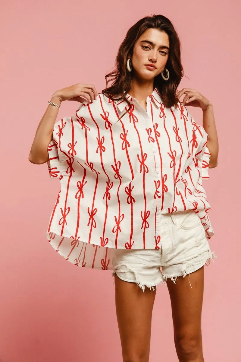 BiBi - Red Bow Print Button - Up Shirt – White & Red