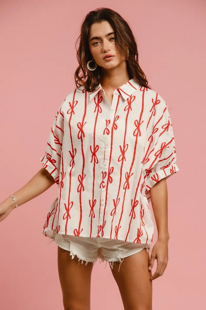 BiBi - Red Bow Print Button - Up Shirt – White & Red