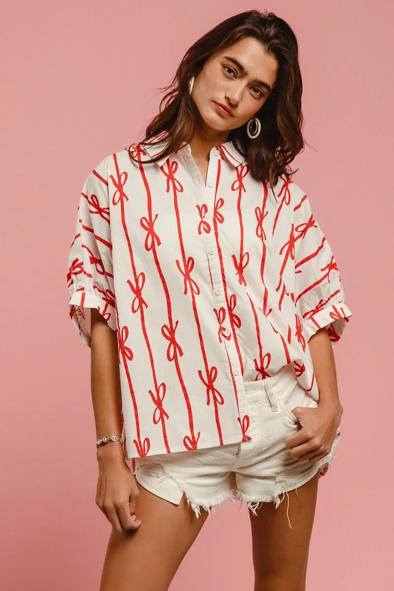 BiBi - Red Bow Print Button - Up Shirt – White & Red