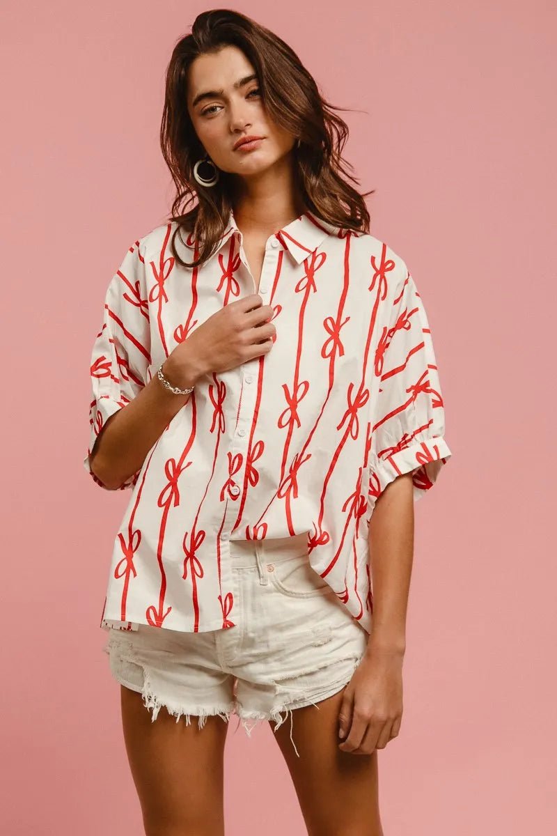 BiBi - Red Bow Print Button - Up Shirt – White & Red