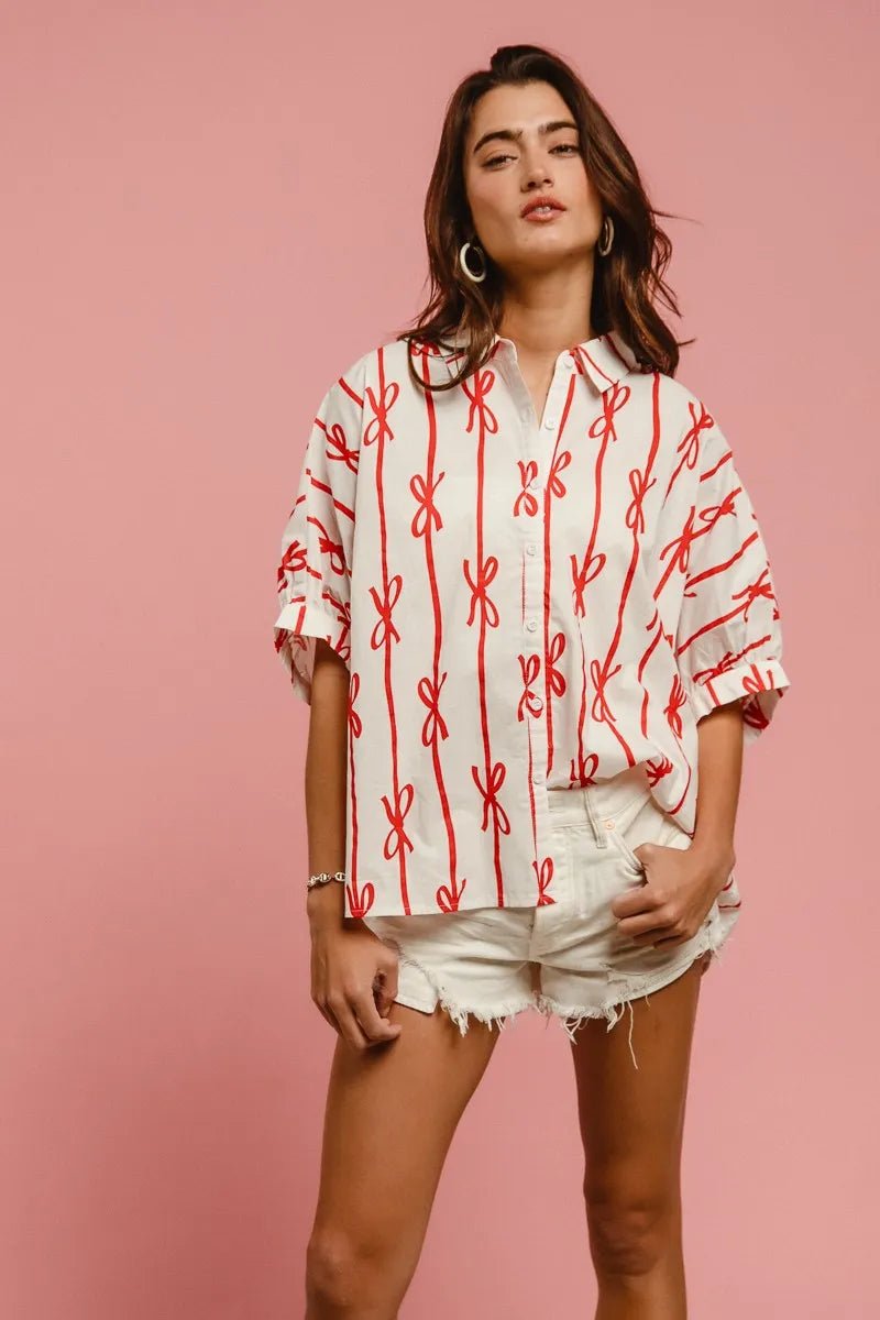 BiBi - Red Bow Print Button - Up Shirt – White & Red