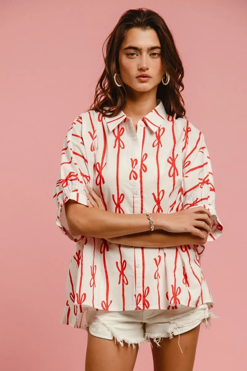 BiBi - Red Bow Print Button - Up Shirt – White & Red
