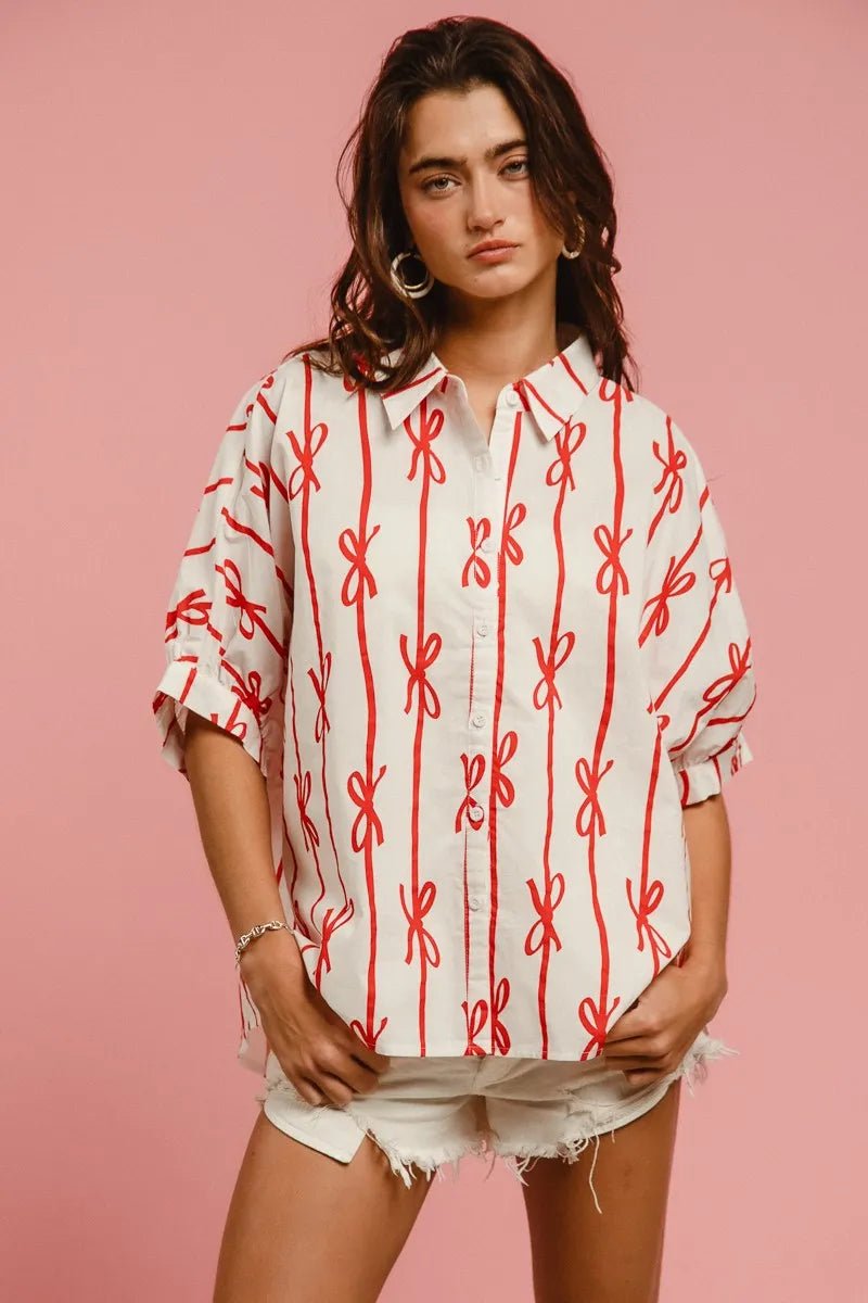 BiBi - Red Bow Print Button - Up Shirt – White & Red
