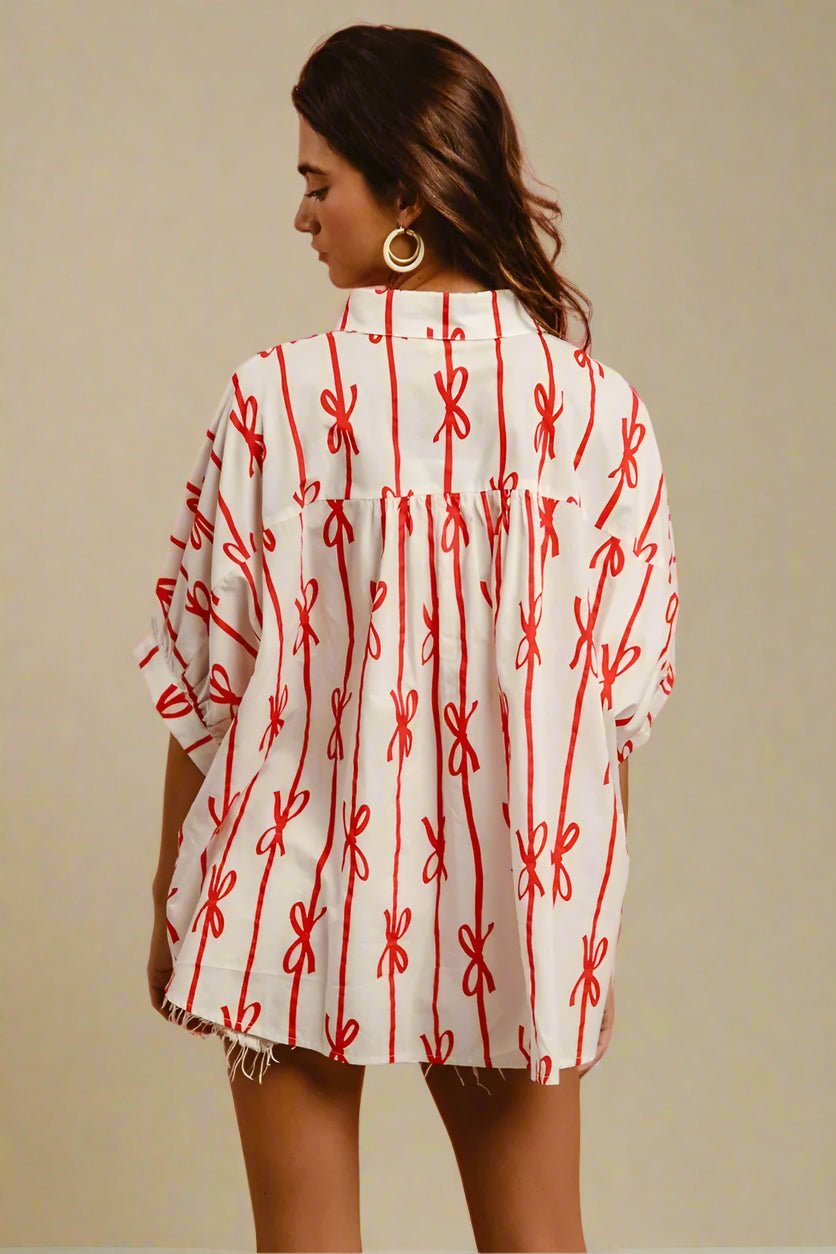 BiBi - Red Bow Print Button - Up Shirt – White & Red