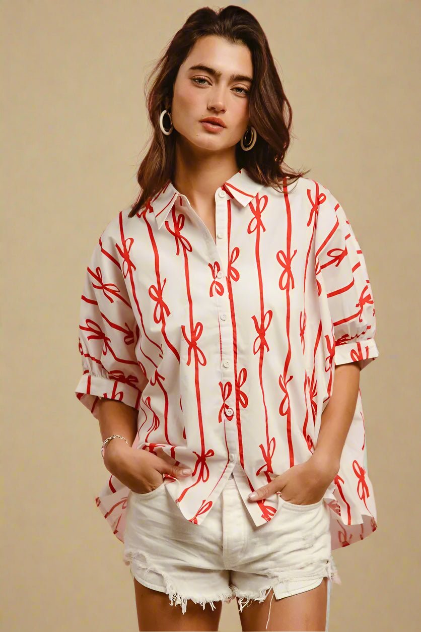 BiBi - Red Bow Print Button - Up Shirt – White & Red