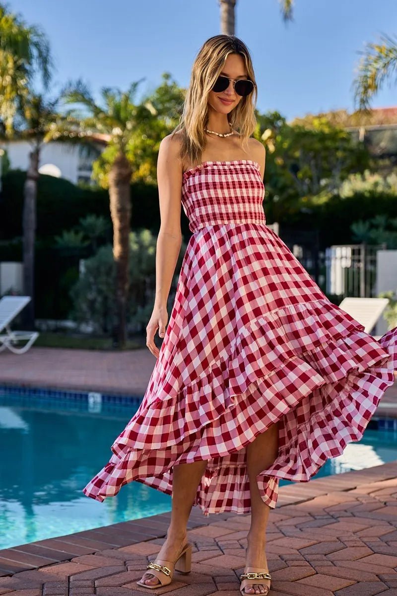 BiBi - Red Gingham Smocked Strapless High - Low Midi Dress