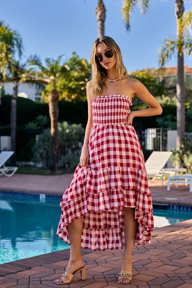 BiBi - Red Gingham Smocked Strapless High - Low Midi Dress