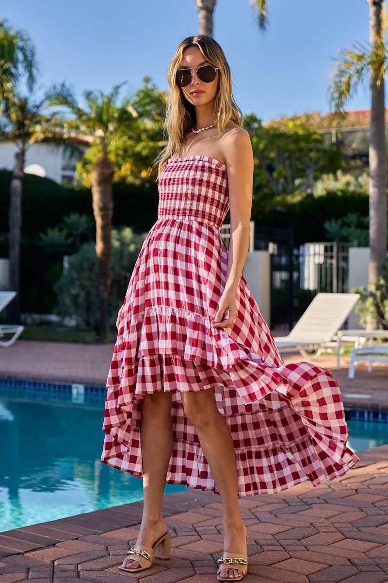 BiBi - Red Gingham Smocked Strapless High - Low Midi Dress