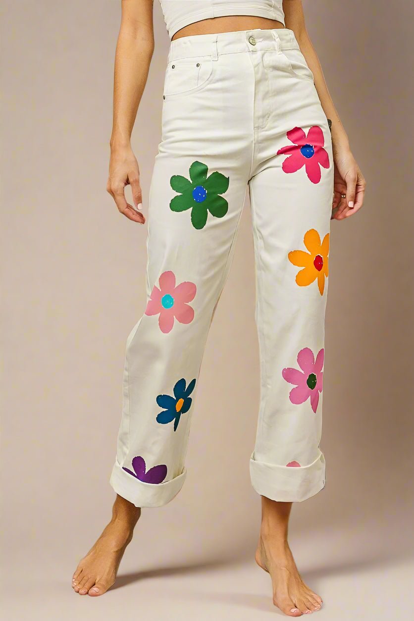 BiBi - Retro Floral Print Jeans in Cream Multicolor