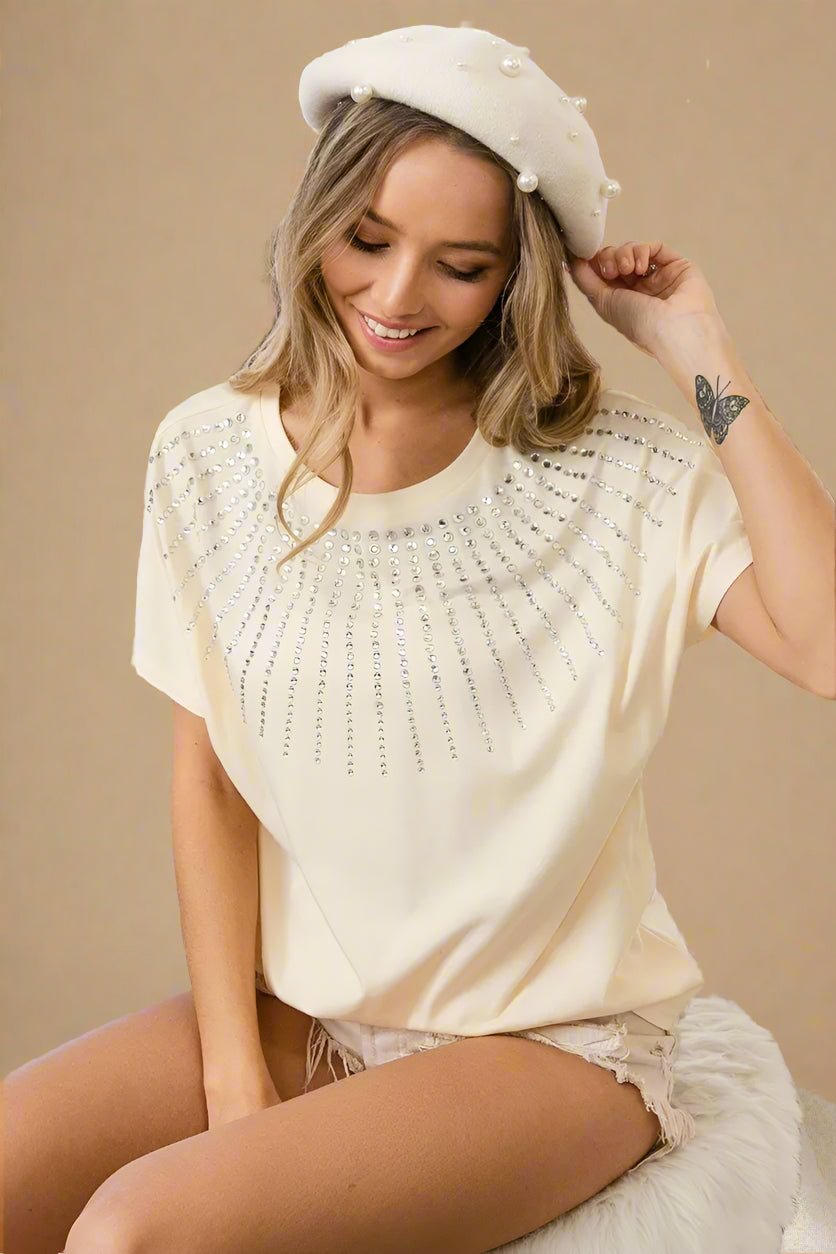 BiBi - Rhinestone Burst Tee in Soft Cream