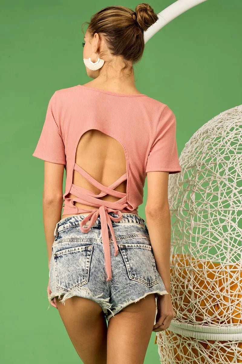 BiBi - Rib Knit Lace - Up Back Crop Tee – Dusty Rose