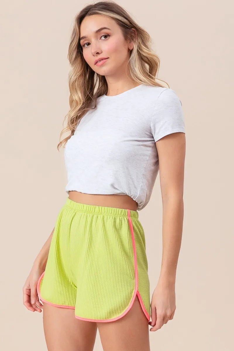 BiBi - Rib Knit Neon Lime Dolphin Shorts with Pink Trim