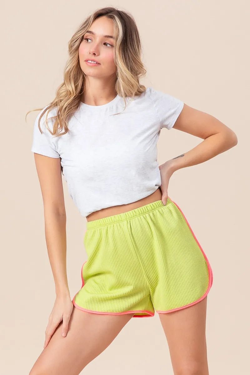 BiBi - Rib Knit Neon Lime Dolphin Shorts with Pink Trim