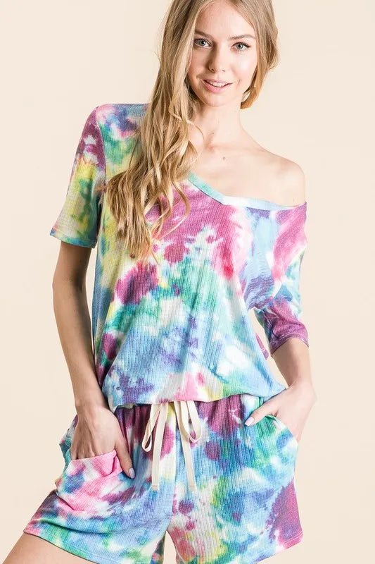 BiBi - Ribbed Tie Dye Lounge Shorts in Rainbow Mix