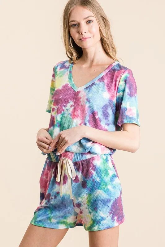 BiBi - Ribbed Tie Dye Lounge Shorts in Rainbow Mix