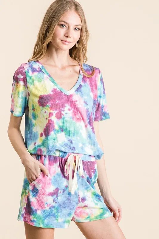 BiBi - Ribbed Tie Dye Lounge Shorts in Rainbow Mix