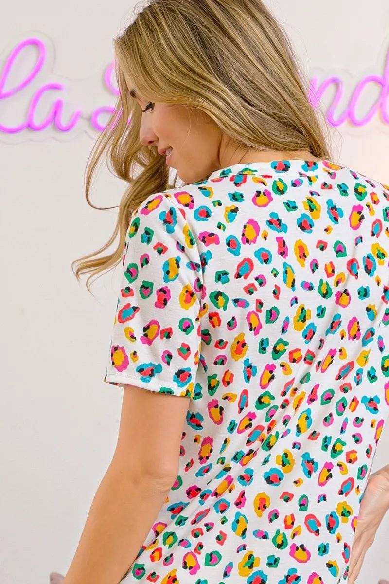 BiBi - Ruched Leopard Print Top in Multi White