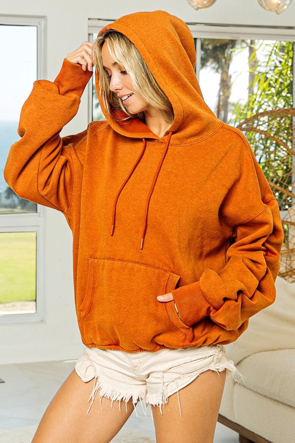 BiBi - Ruched Sleeve Washed Fleece Hoodie in Vintage Rust