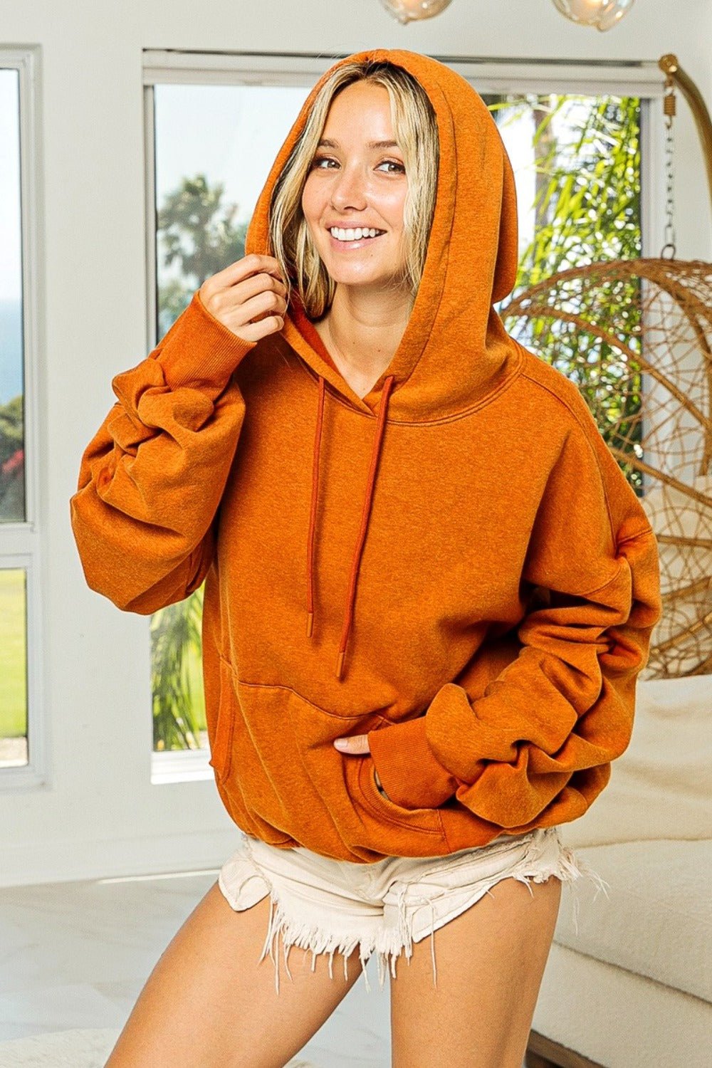 BiBi - Ruched Sleeve Washed Fleece Hoodie in Vintage Rust