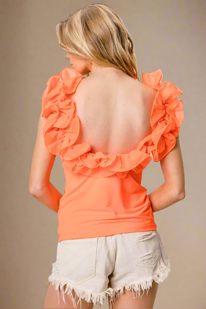 BiBi - Ruffle Backless Sleeveless Top in Tangerine Orange