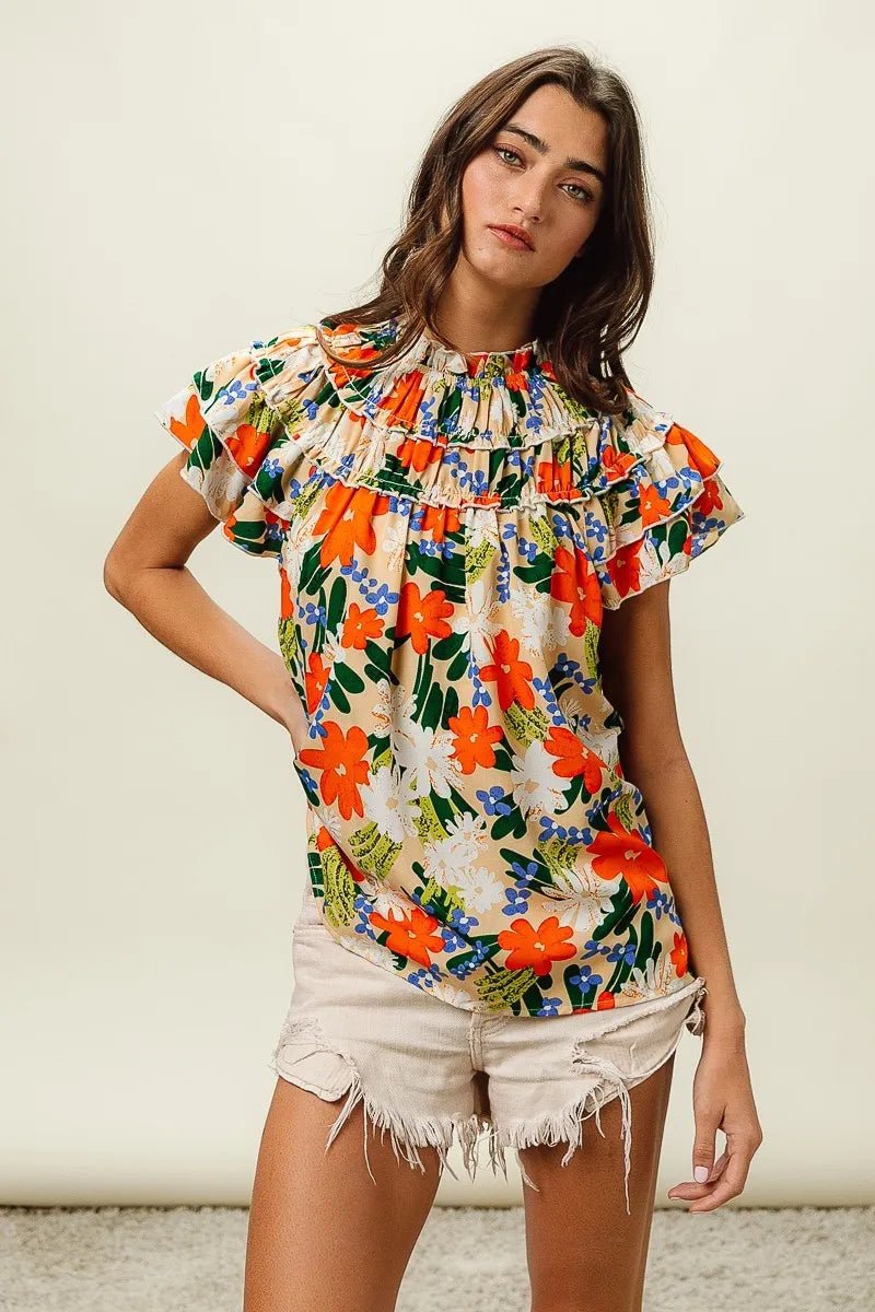 BiBi - Ruffle Neck Floral Blouse in Orange Multi