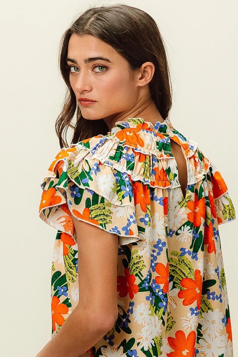 BiBi - Ruffle Neck Floral Blouse in Orange Multi