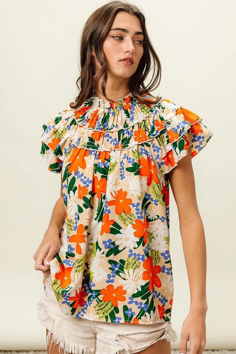 BiBi - Ruffle Neck Floral Blouse in Orange Multi