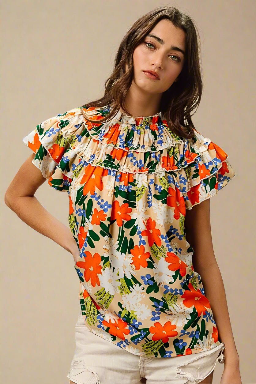 BiBi - Ruffle Neck Floral Blouse in Orange Multi