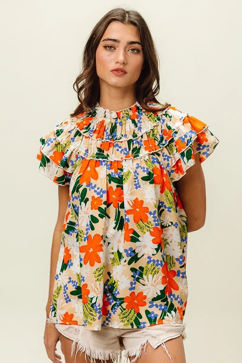 BiBi - Ruffle Neck Floral Blouse in Orange Multi