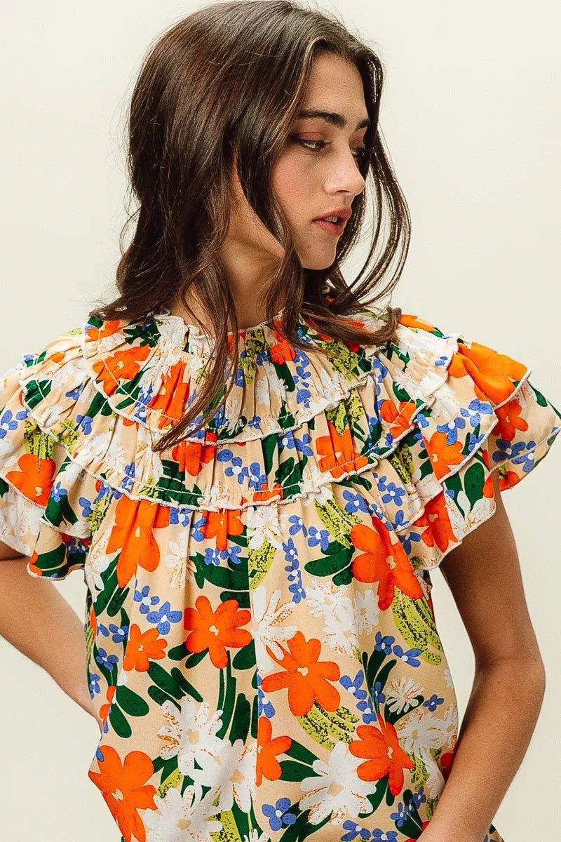 BiBi - Ruffle Neck Floral Blouse in Orange Multi