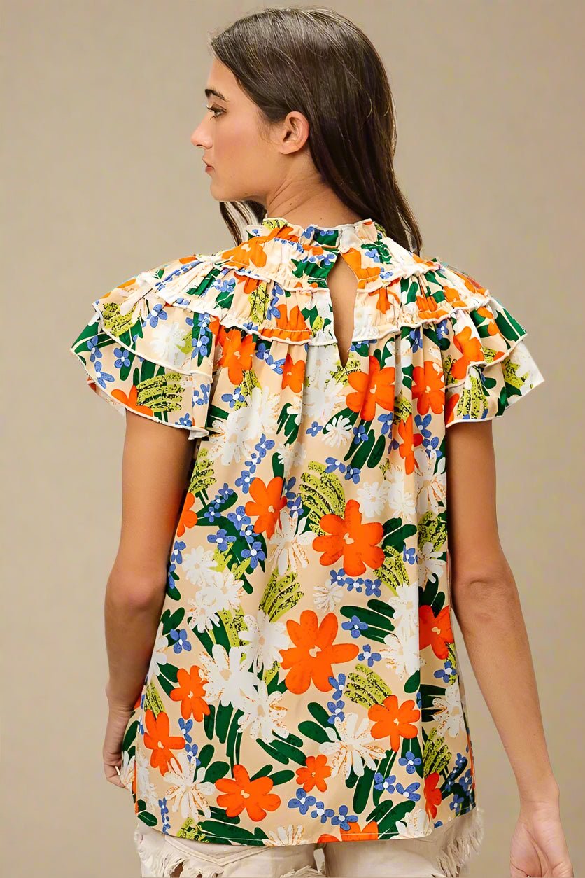 BiBi - Ruffle Neck Floral Blouse in Orange Multi
