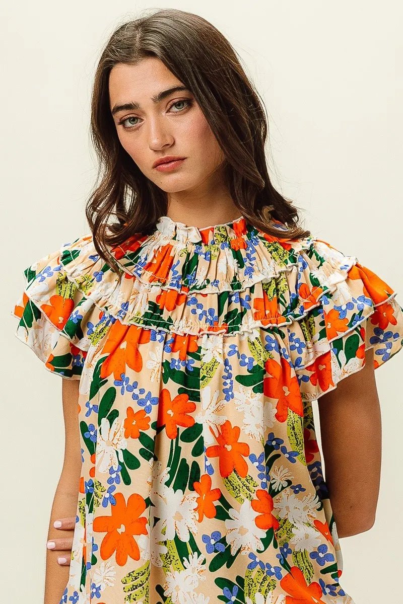 BiBi - Ruffle Neck Floral Blouse in Orange Multi