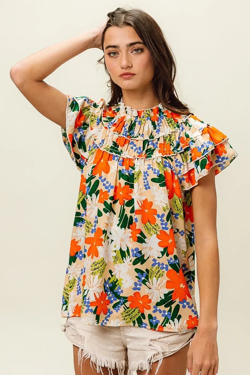 BiBi - Ruffle Neck Floral Blouse in Orange Multi