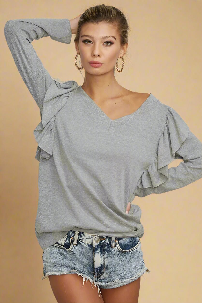 BiBi - Ruffle Shoulder V - Neck Long Sleeve Top – Heather Gray