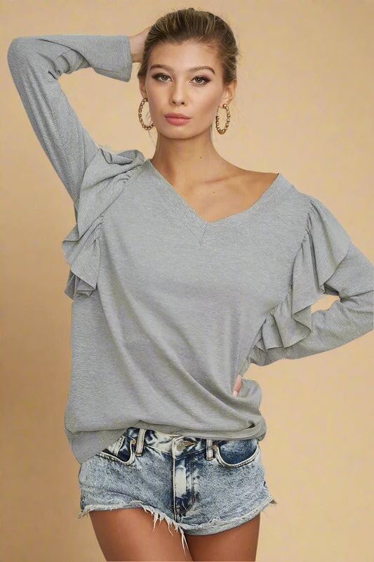 BiBi - Ruffle Shoulder V - Neck Long Sleeve Top – Heather Gray